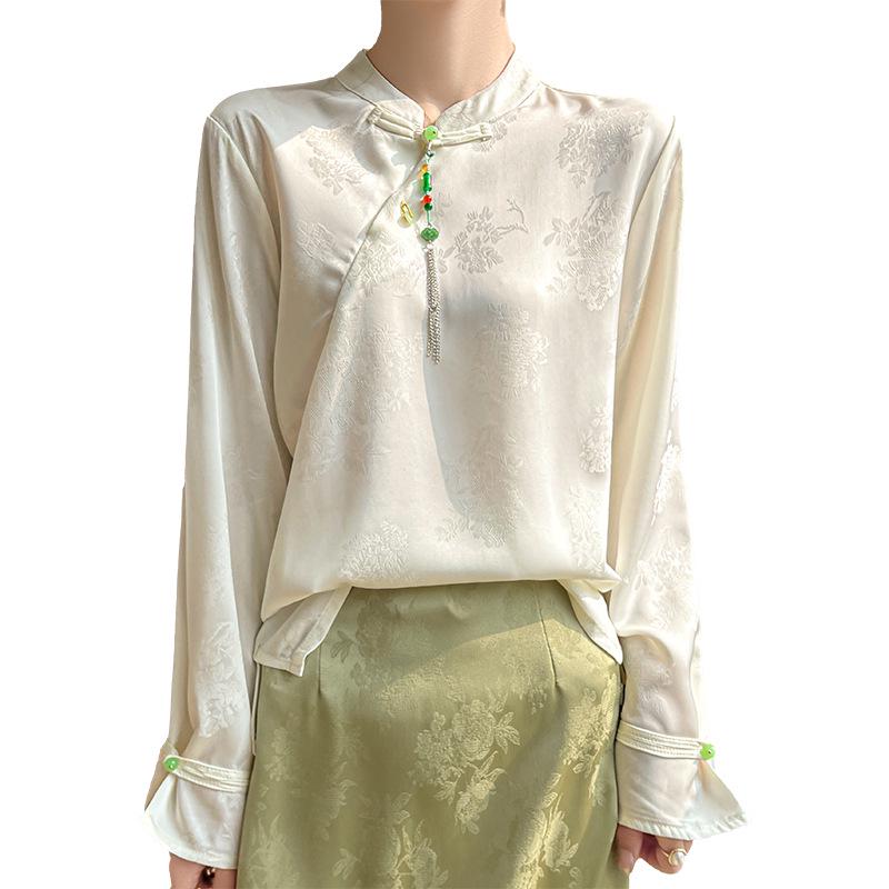 Silk Satin 2026 Spring/Summer Women's Floral Stand Collar Long Sleeve Top