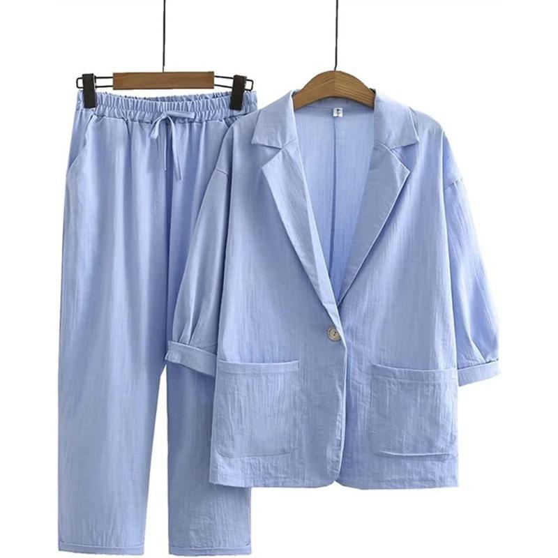 Spring Summer Women Cotton Linen Blazer Suit Solid Notched Long Sleeve Coat+Pants 2pcs Leisure Loose All-Matched Female Sets