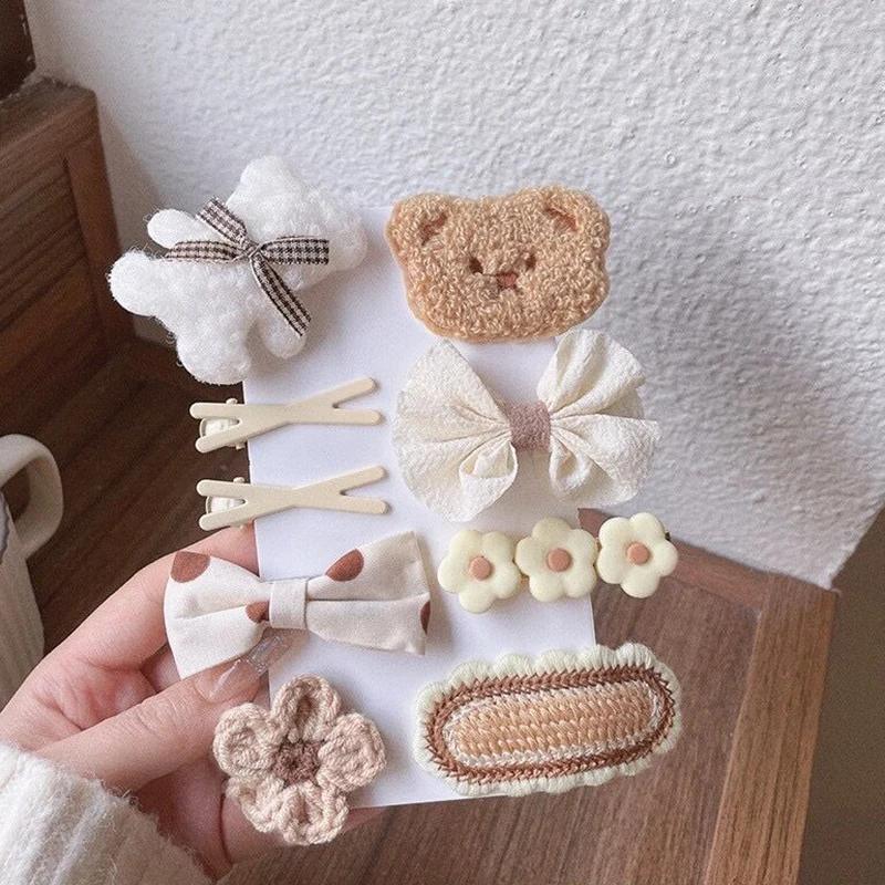 

9 шт./набор Милая заколка для волос в виде медвежонка для детей Мультяшные детские заколки для волос для девочек Вязаный цветок с бантом Детские заколки Аксессуары для детских волос белый