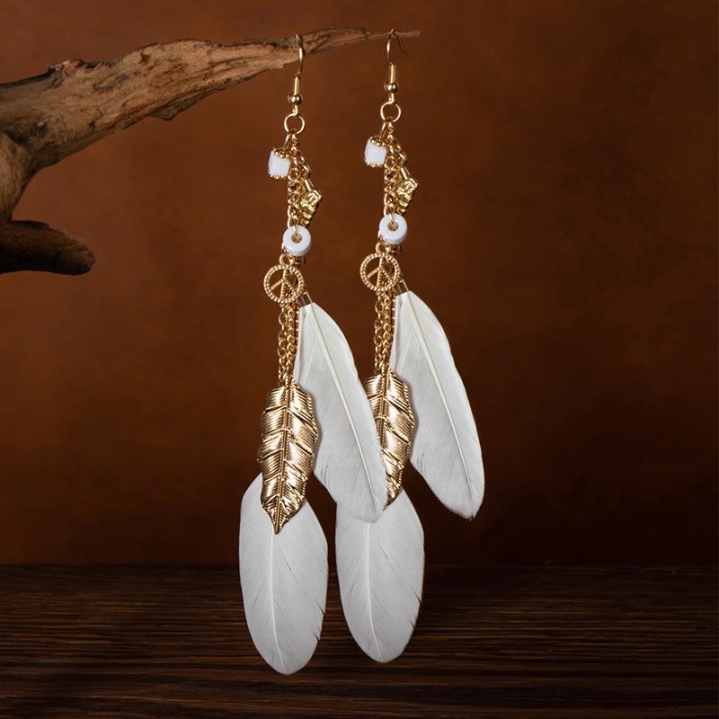 Bohemian Leaf Feather Earrings Retro Ethnic Style High Temperament Earrings Long Chain Ear Hook Jewelry Women