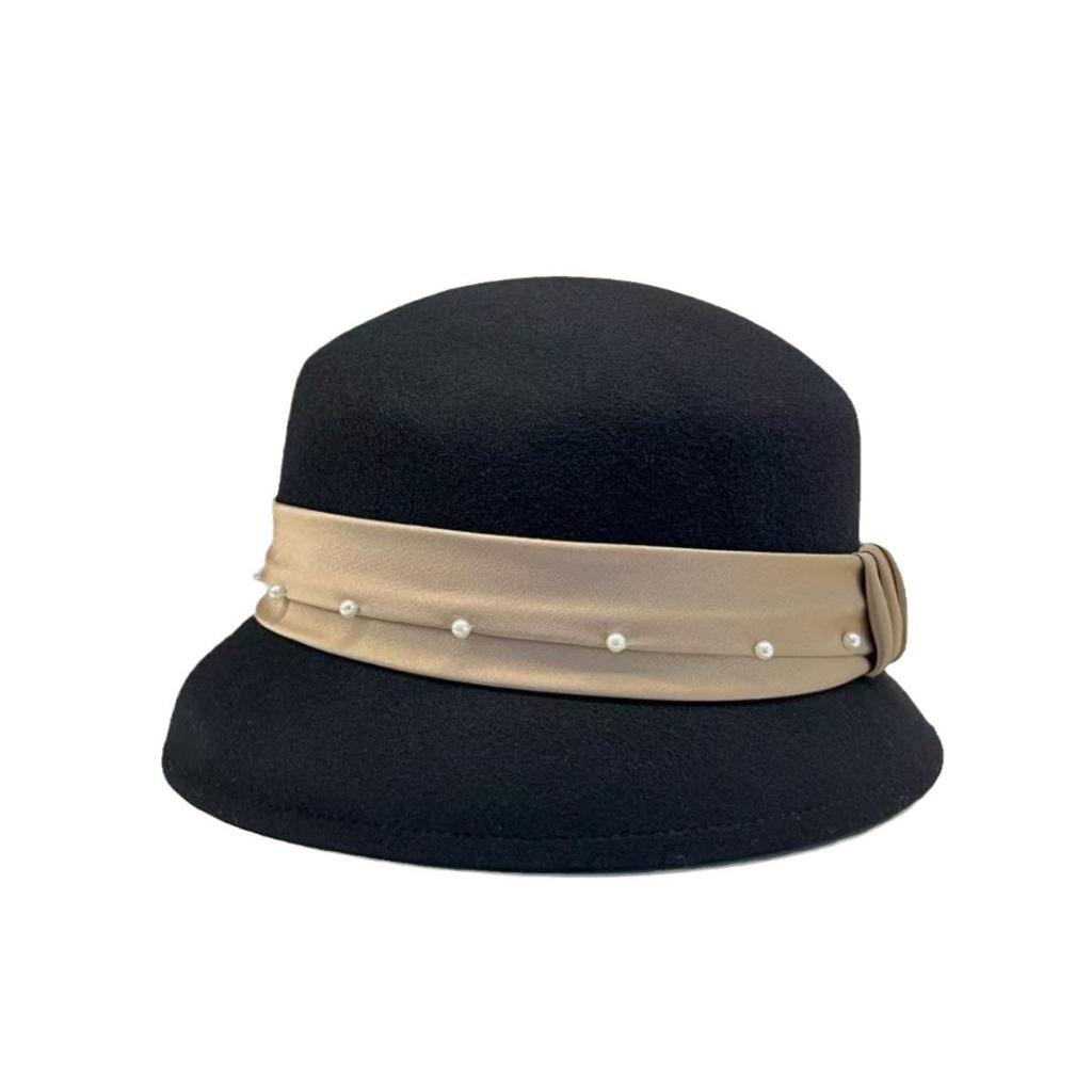 Autumn and Winter% Pure Wool Pearl Wrinkled Cloth with Decorative Small Brim Basin Hat Bucket Hat Women's Elegant Versatile Top Hat