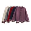 2024 Winter Women's European & American Plaid Patchwork Round Neck Knit Cardigan Sweater.