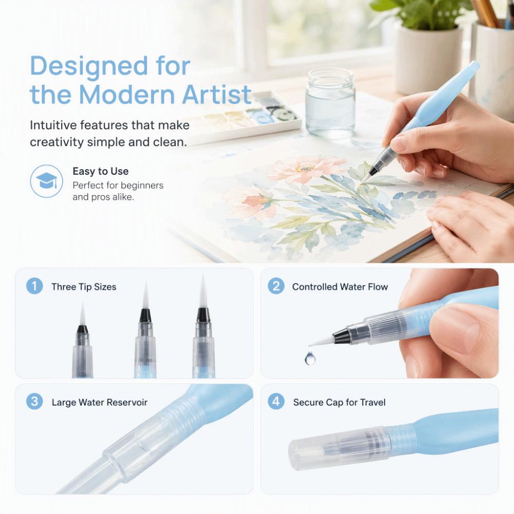 3 PCS Refillable Watercolor Painting Brush Blue Calligraphy Ink Pen Watercolor Creation