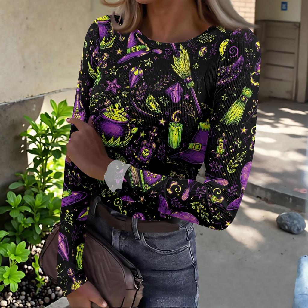 Women Halloween Print Long Sleeve Slim Fit Crew Neck Base Layer T Shirt Casual Stretchy Top for Everyday Wear