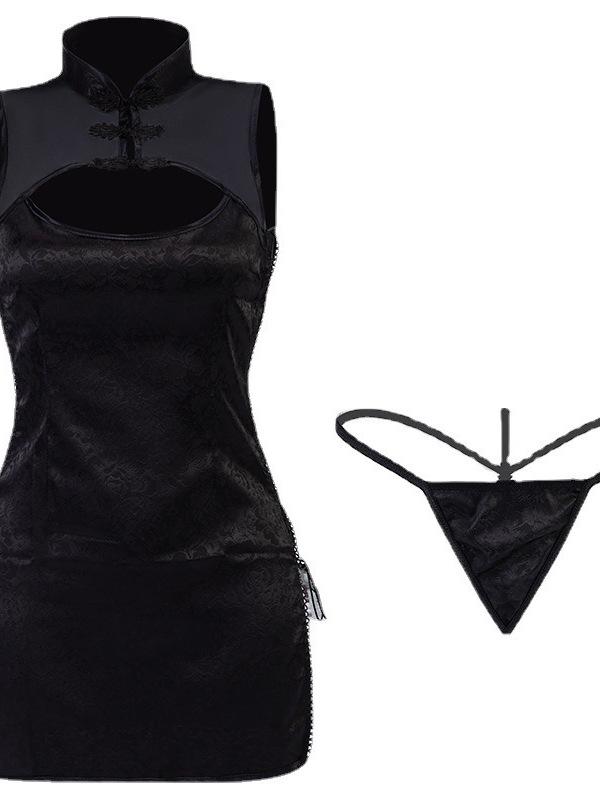 Sexy Cheongsam Mini Dress Mesh Lace Sheer Charming Underwear Uniform Transparent Slim Side Straps Dress Elegant Tops He1O