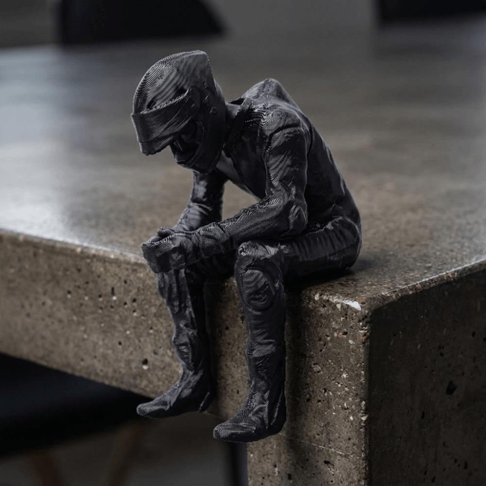3D Printed Racing Style Seated Figurine Black Motorcyclist Art Statue Desktop Decor