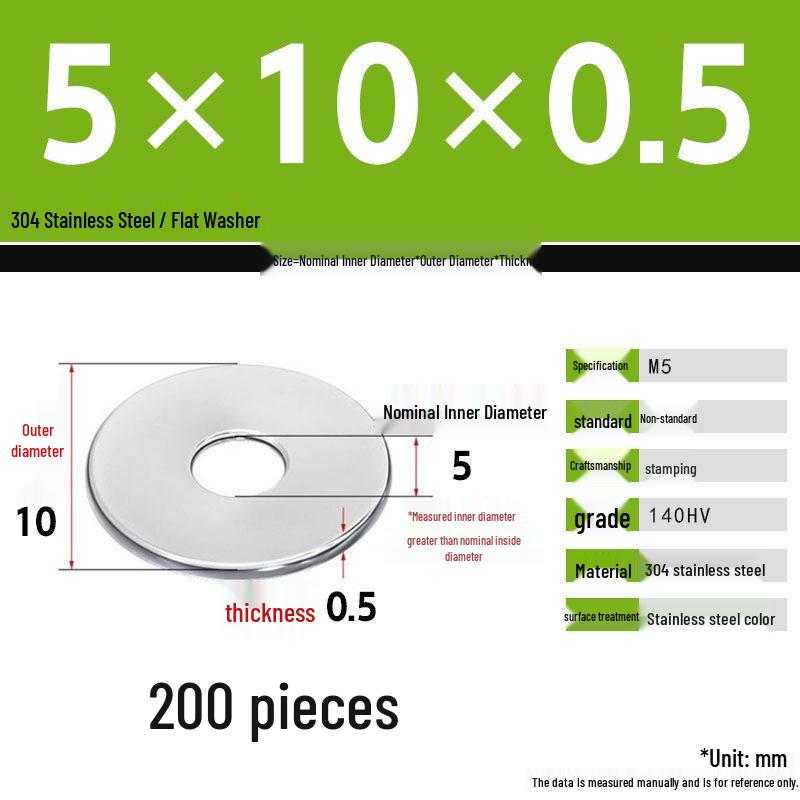304 Stainless Steel Thickened Flat Washer Set, Sizes 2-36