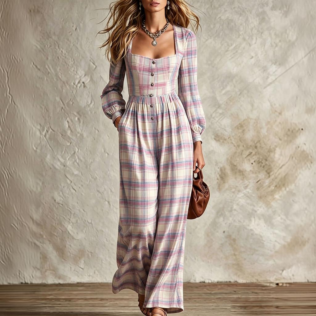 Women's Retro Plaid Square Neck Button Front Wide Leg Jumpsuit with Fitted Waist
