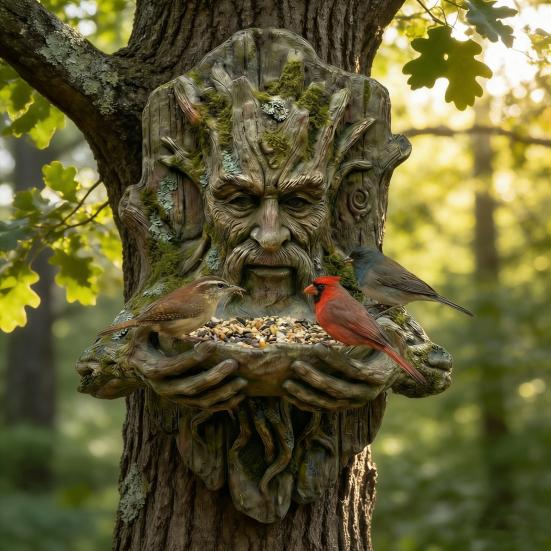 Tree Face Bird Feeder Weatherproof Resin Sculpture Decorative Birdseed Holder Outdoor Bird Feeder Mounted on Tree for Garden Backyard Art Decor