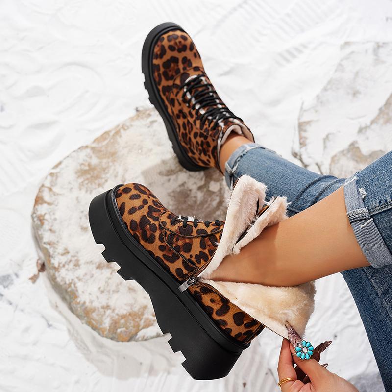 Lucyever Punk Leopard Print Combat Boots Women Fashion Chunky Thick Plush Ankle Boots Woman  Lace Up Platform Booties Mujer