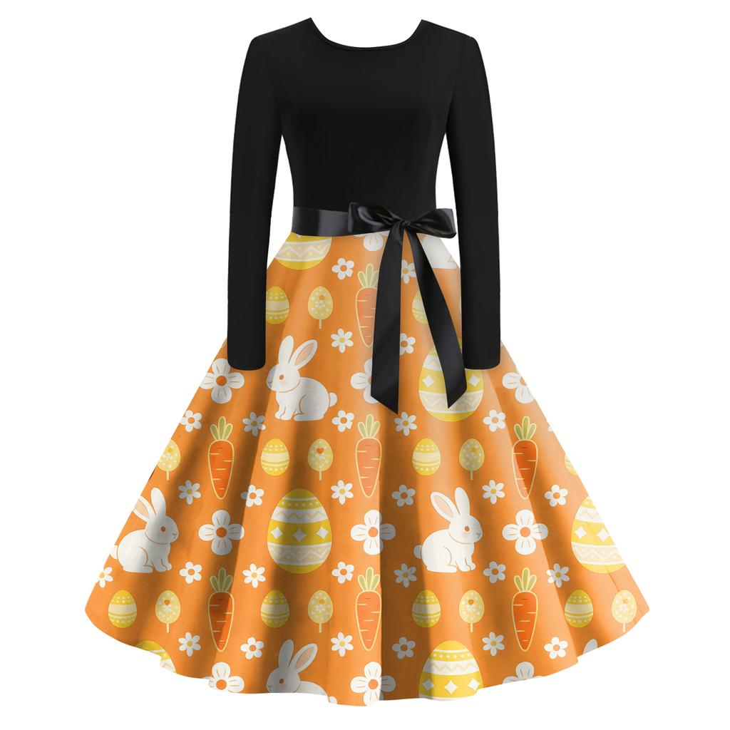 Rochie Retro cu Imprimeu de Crăciun, Casual, de Modă pentru Femei, cu Gât Rotund, Mâneci Lungi
