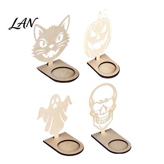 Halloween Tealight Base Wooden Candle Holder Ornaments, Decorative Cat/Pumpkin/ Ghost/Skull Projection Theme Light Stand, Creative Tabletop
