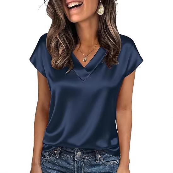 2026 Vår/Sommar Elegant Silke V-ringad Kortärmad Dam T-shirt