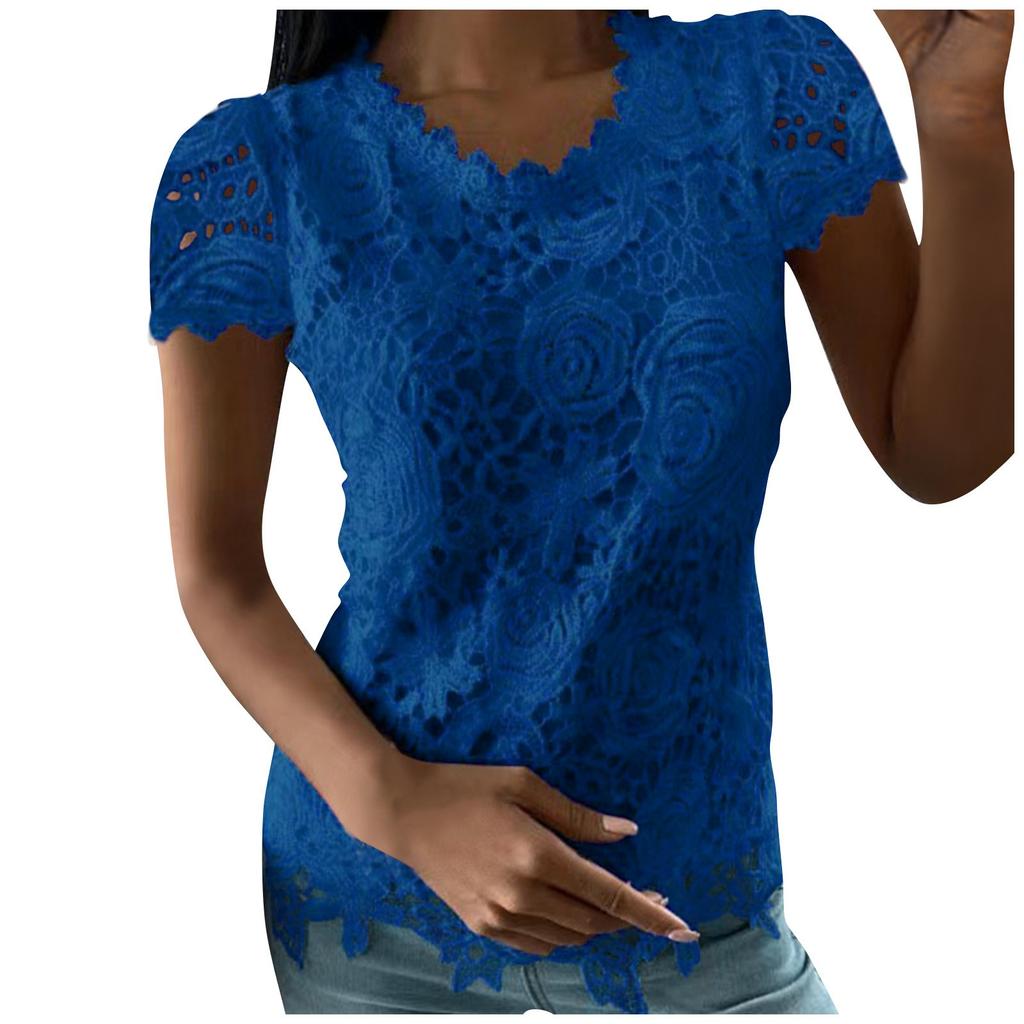 Women's Color Lace Splicing Short Sleeve Round Neck Tops