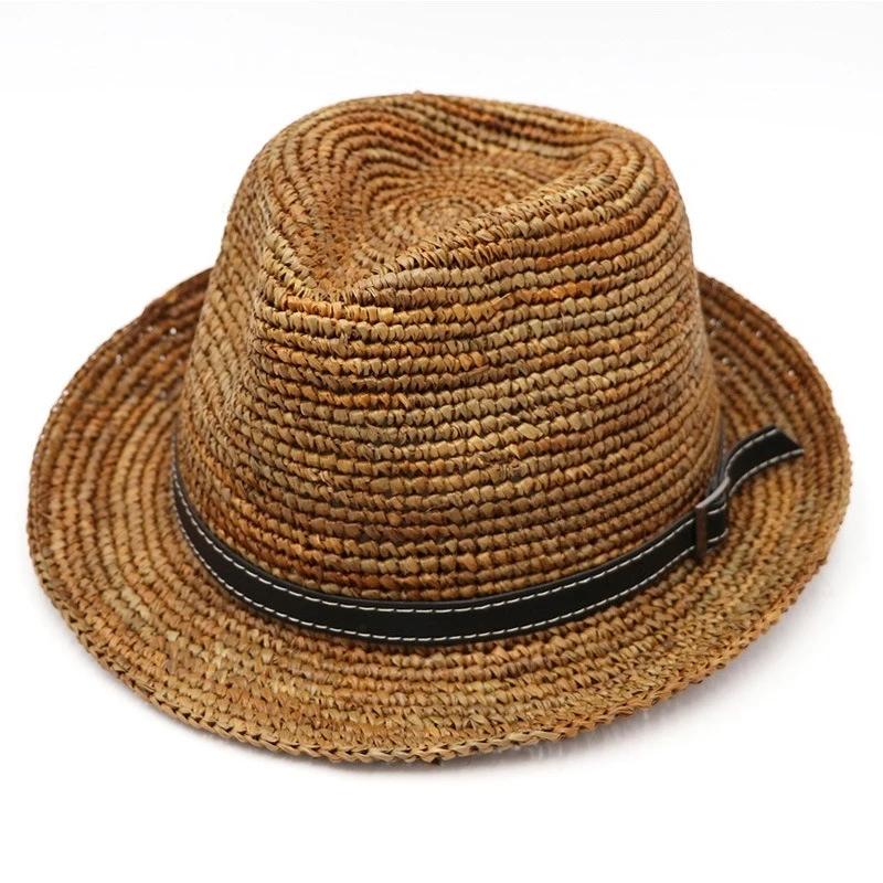 

Big Size 60cm Natural Raffia Sun Hats for Man Woman Manual Woven Jazz Top Panama Straw Hat Summer Sun Protection Beach Hat L 58-60cm коричневий