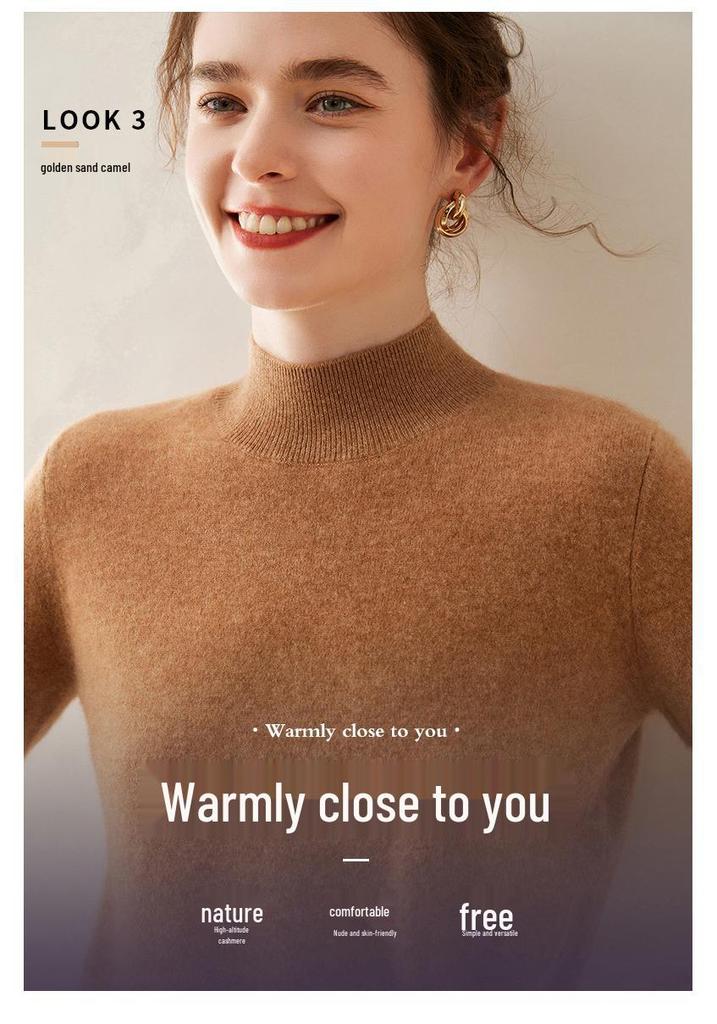 Women's Half-High Neck Cashmere Knit Sweater - Versatile, Warm, Loose Fit Pullover