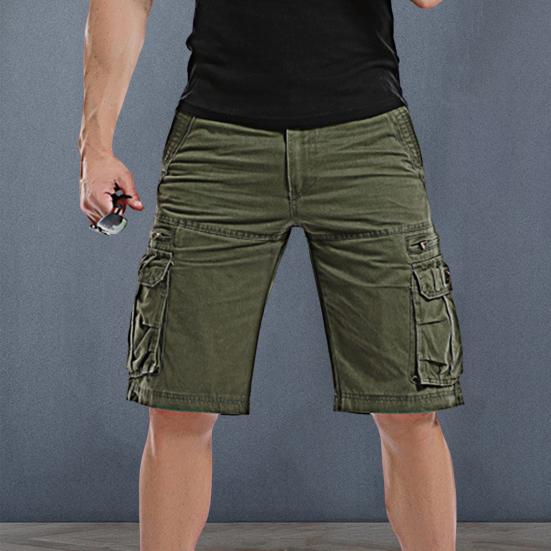 Men Cargo Shorts Mid-rise Button Zipper Closure Casual Shorts with Multi Pockets Solid Color