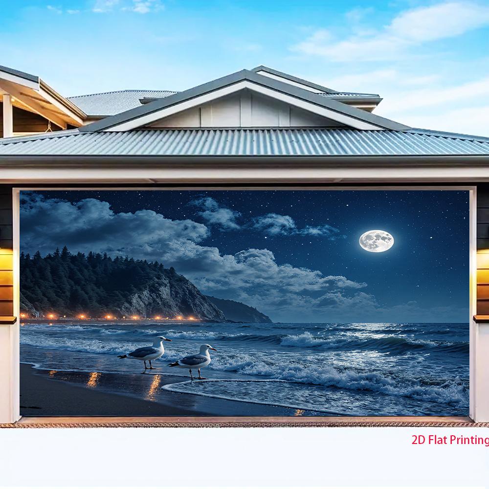 2D plane banner background featuring night-time beach waves and seagulls family gathering polyester fiber