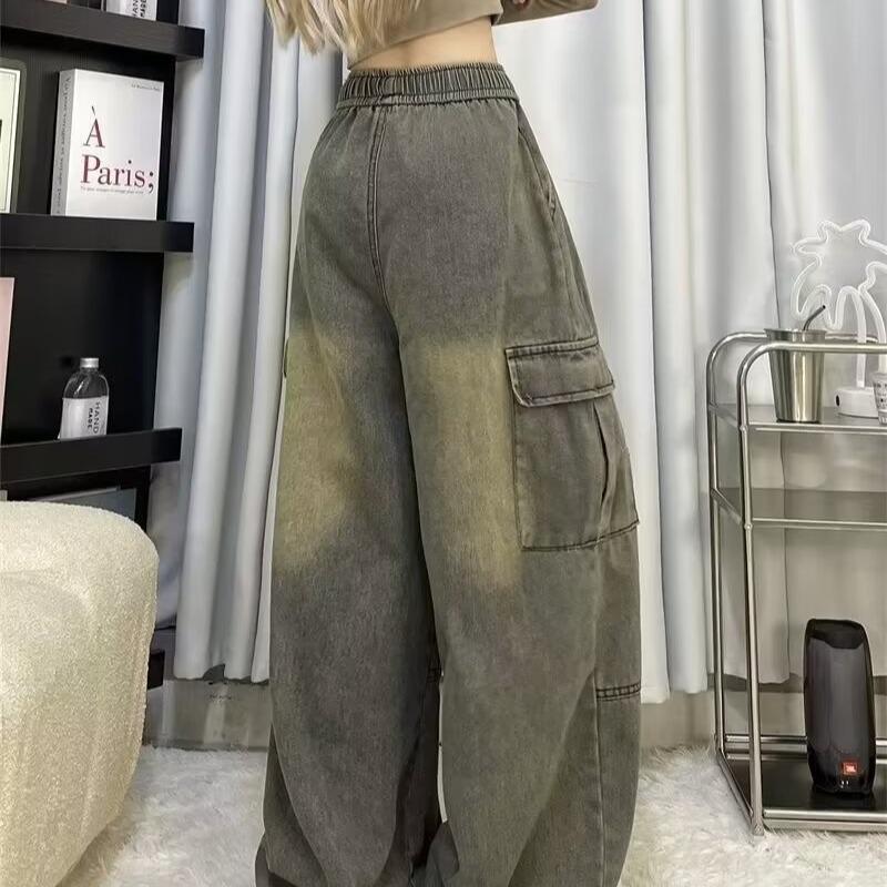 Teen Spring/Autumn Retro Loose Straight Multi-Pocket Workwear Jeans