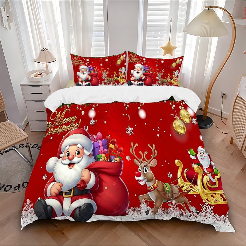 Christmas Santa Claus Reindeer Print 3Pcs Bedding Setduvet Cover With 2 Bedropillowcase Home Birthday Gift