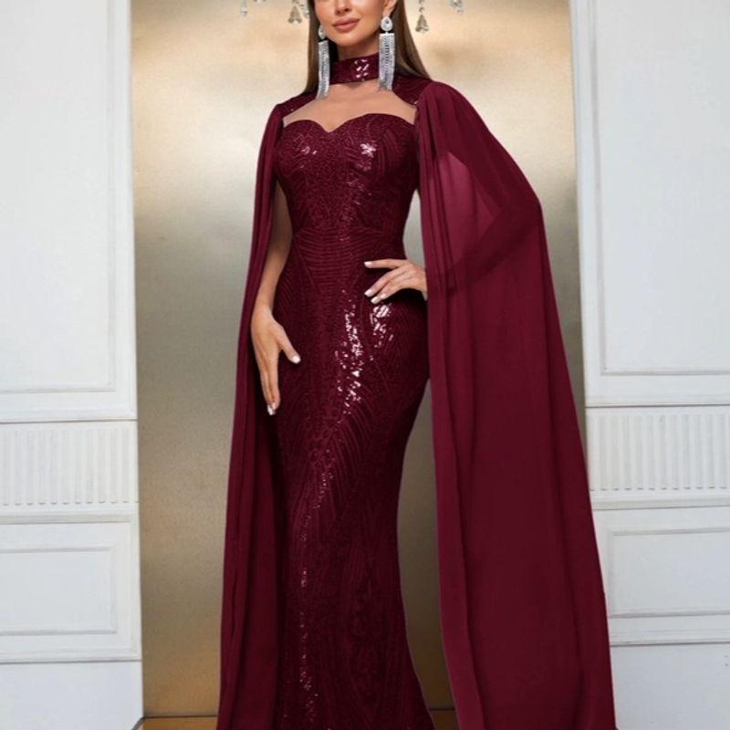 European and American Style Formal Dress Plus Size Women's New High-End Long-Sleeve Shawl Evening Gown with Sequins and Bodycon Design