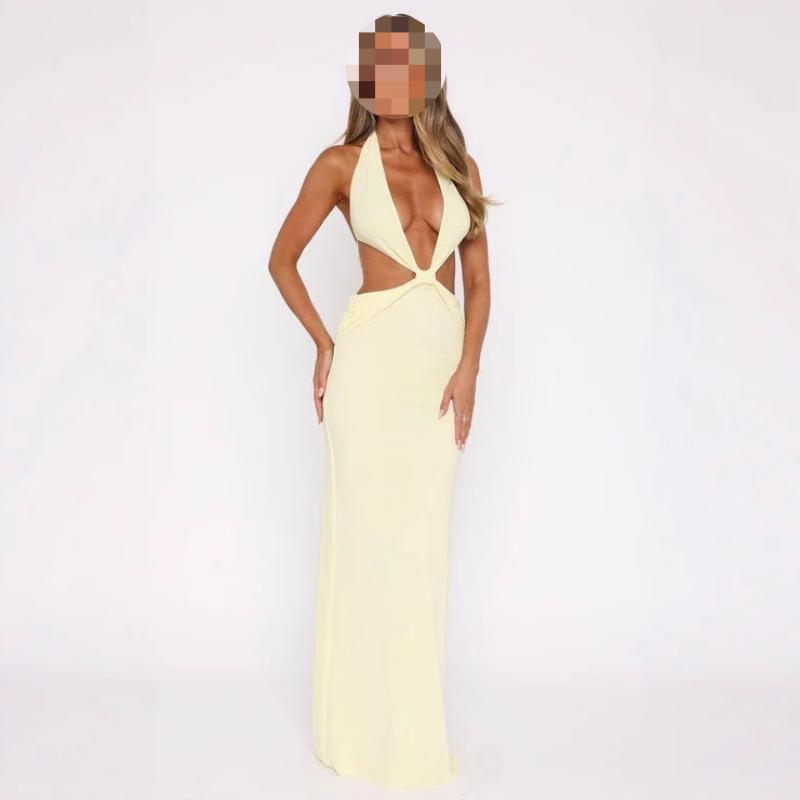 European and American summer sexy solid color hollow out deep V-neck hanging neck twisted irregular dress