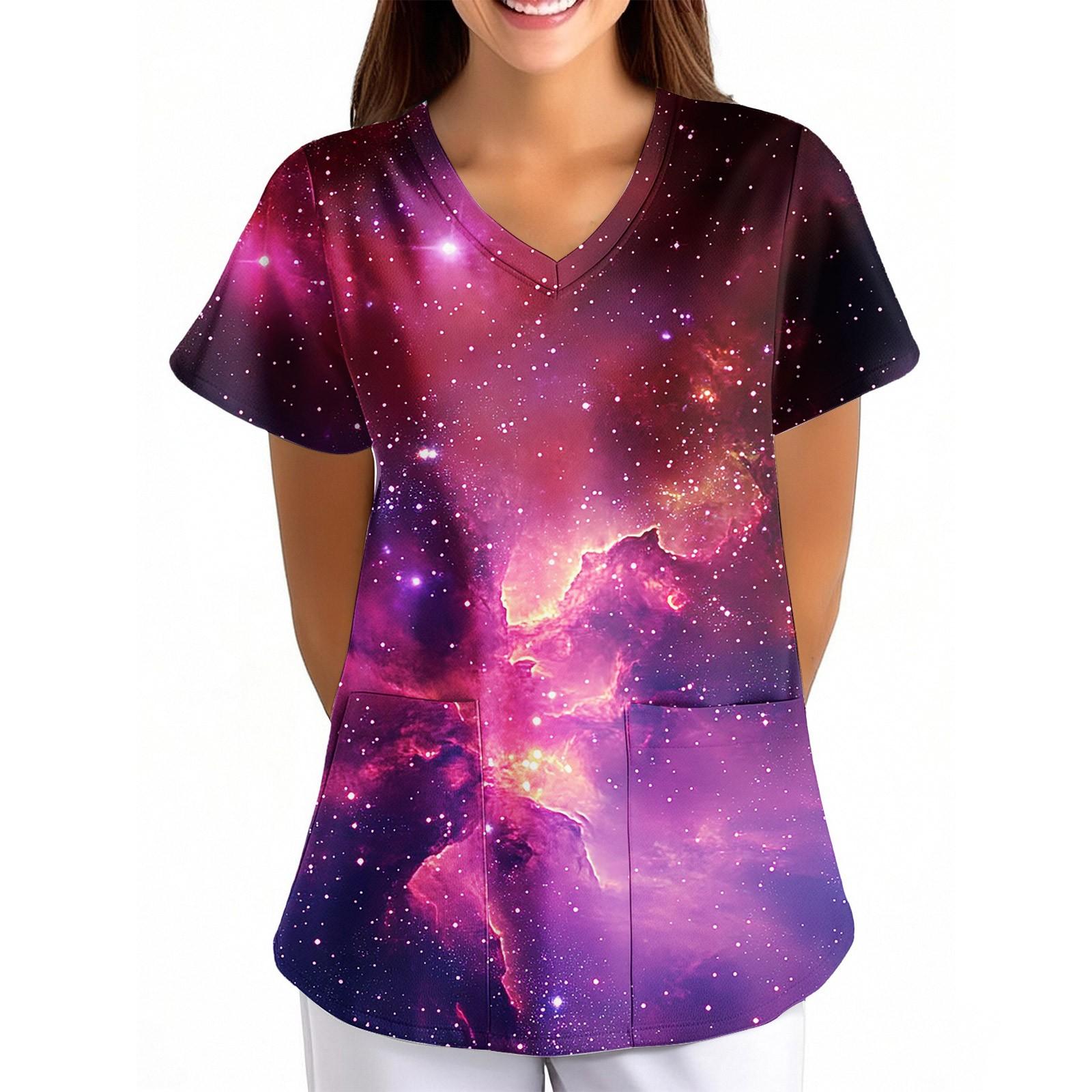 

Женская Свободная Униформа с V-образным вырезом, карманом и короткими рукавами, с принтом «Небо» L чёрный