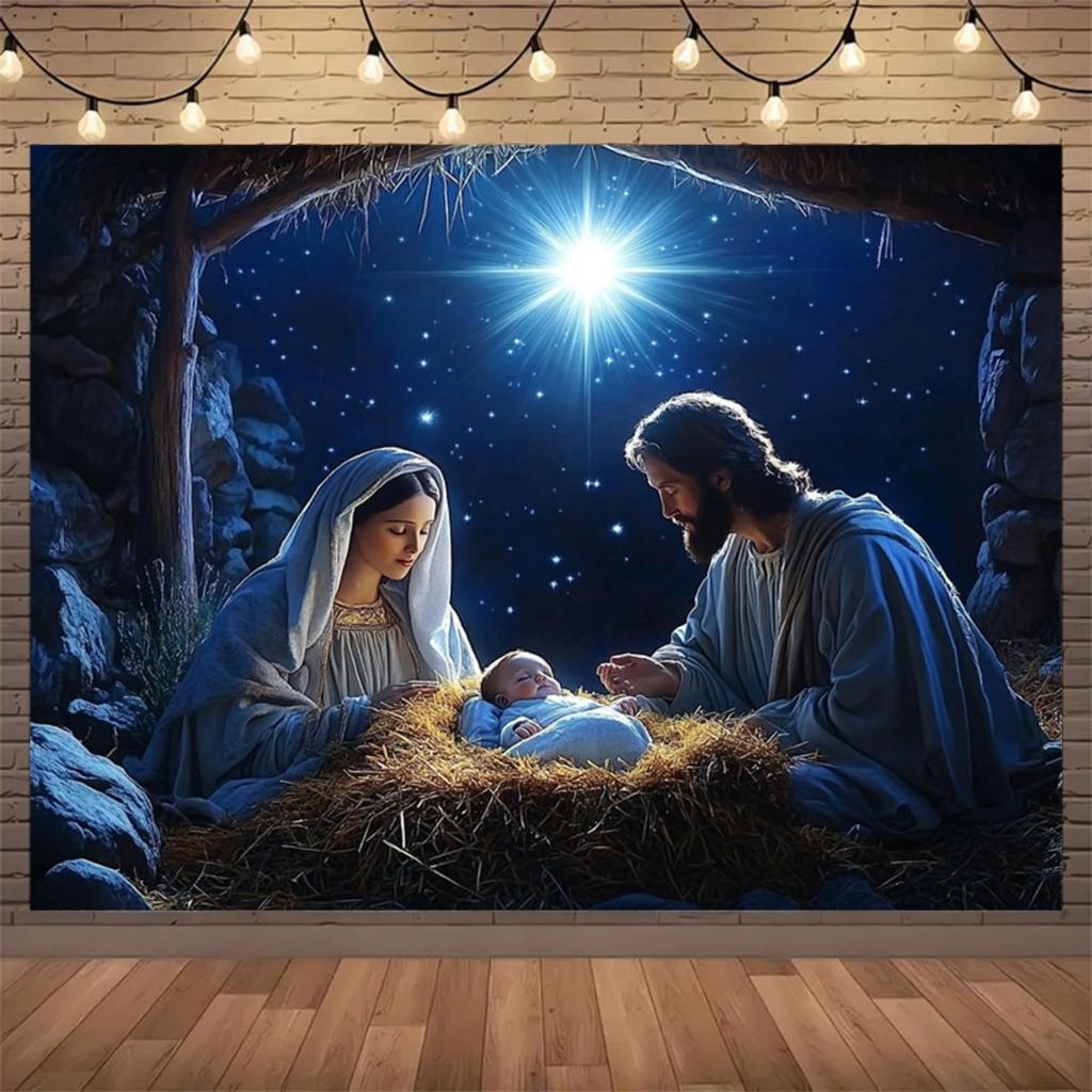 Classic Nativity scene Christmas photography background - Religious festival background Christmas decoration polyester