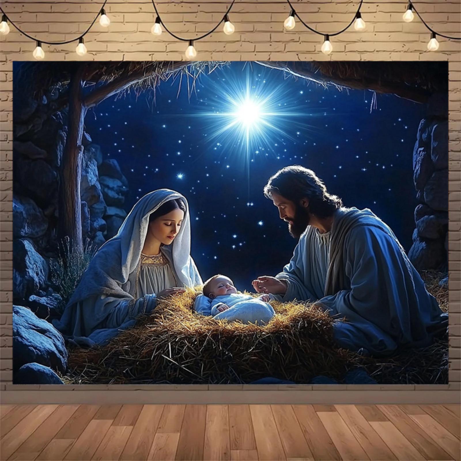 1pc Classic Nativity scene Christmas background - Religious festival background, starry sky, dove of peace and the three Kings 100x150cm