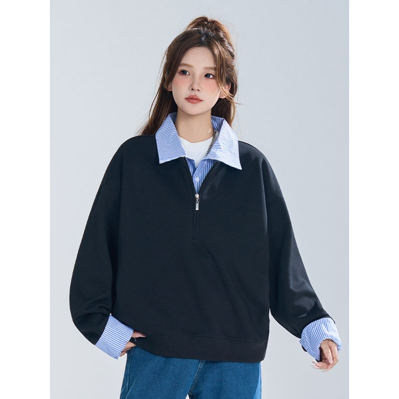 Wassup Retro Striped Patchwork Lapel Fake Two-Piece Sweatshirt for Women, Autumn Gray Loose Lazy Style American Top