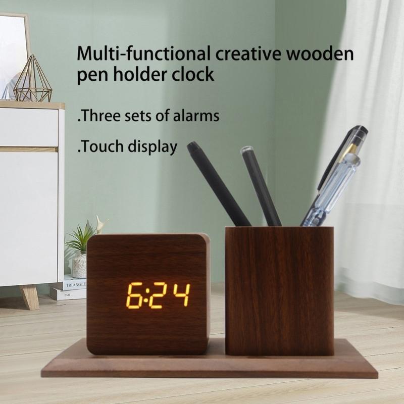 Creative Wooden Desk Item Combines Digital Alarm Clock With Pen Storage Section faint Setting And Three Alarm picks