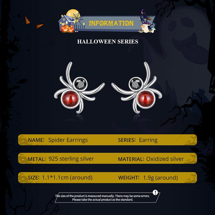 BAMOER 925 Sterling Silver Cool Black Red Spider Stud Earrings For Women Cute Girl Ear Studs Halloween Collection Jewelry Gift