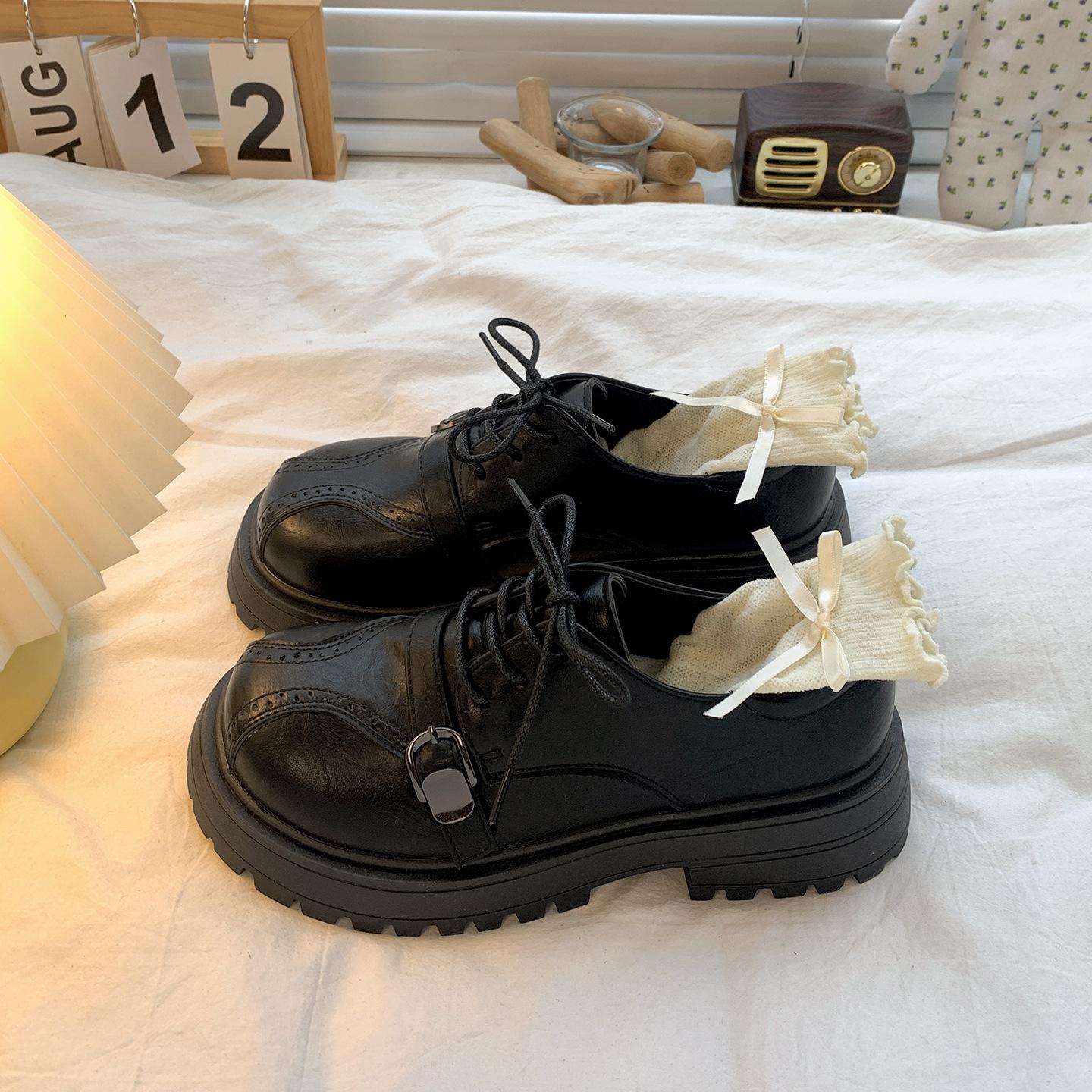 

Black retro thick heel platform small leather shoes women s 2025 new autumn versatile skirt round head British style single shoes 35 чёрный