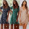 Women's V Neck Short Sleeve Floral Print Wrap Mini Dress High Waist A Line Casual Summer Dress