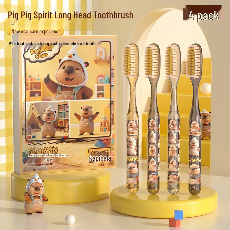 GLORYIN 4-Pack Children s Long-Head Toothbrush, Piggy Design, Soft Bristles for Ages 6-12