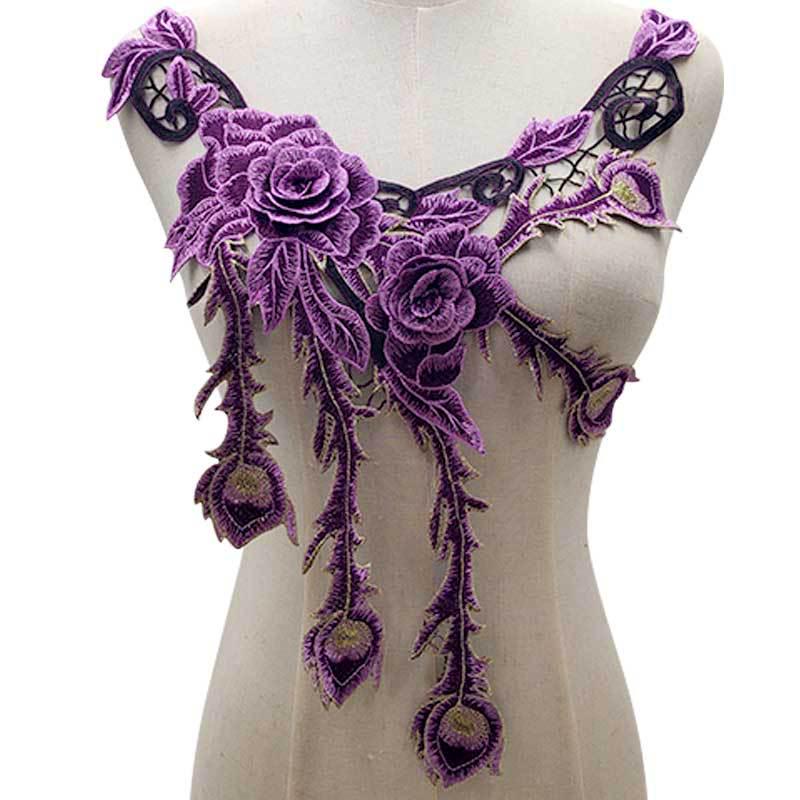 

Красочный 3D вышитый кружевной воротник с полым дизайном и этнической цветочной брошью фиолетовый
