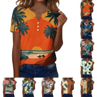 Women's Fashionable Casual Hawaiian Print V-neck Short-sleeved Button-down T-shirt Top