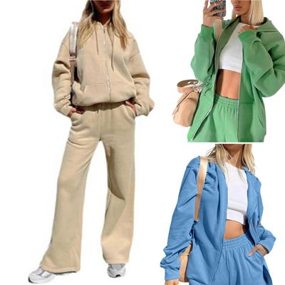 Women's Sets Solid Color Soft Warm Zipper Hooded Sweatshirt Elastic Waist Drawstring Sportswear