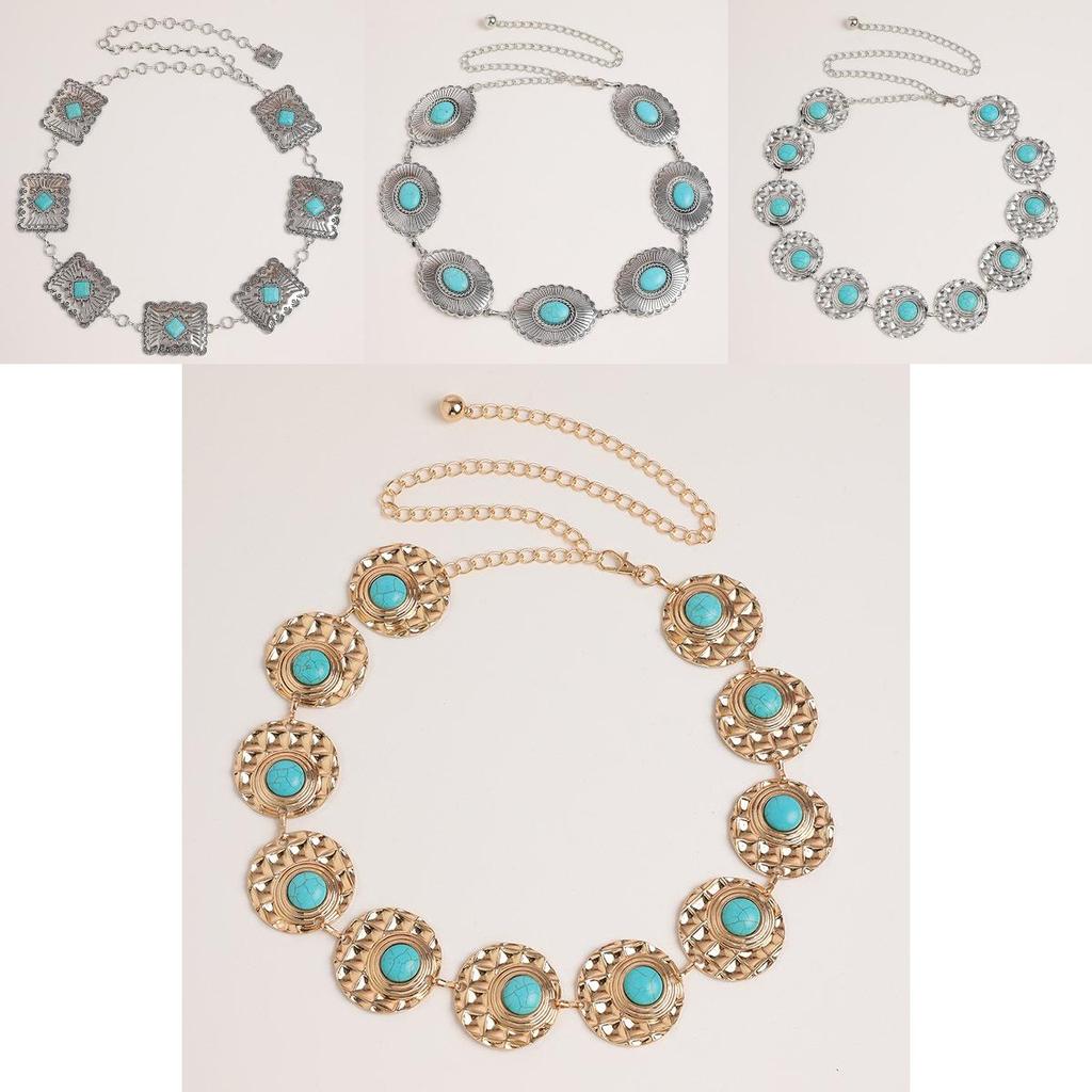 Bohemian Style Artificial Turquoise Metal Waist Chain With Vintage Finish For Women