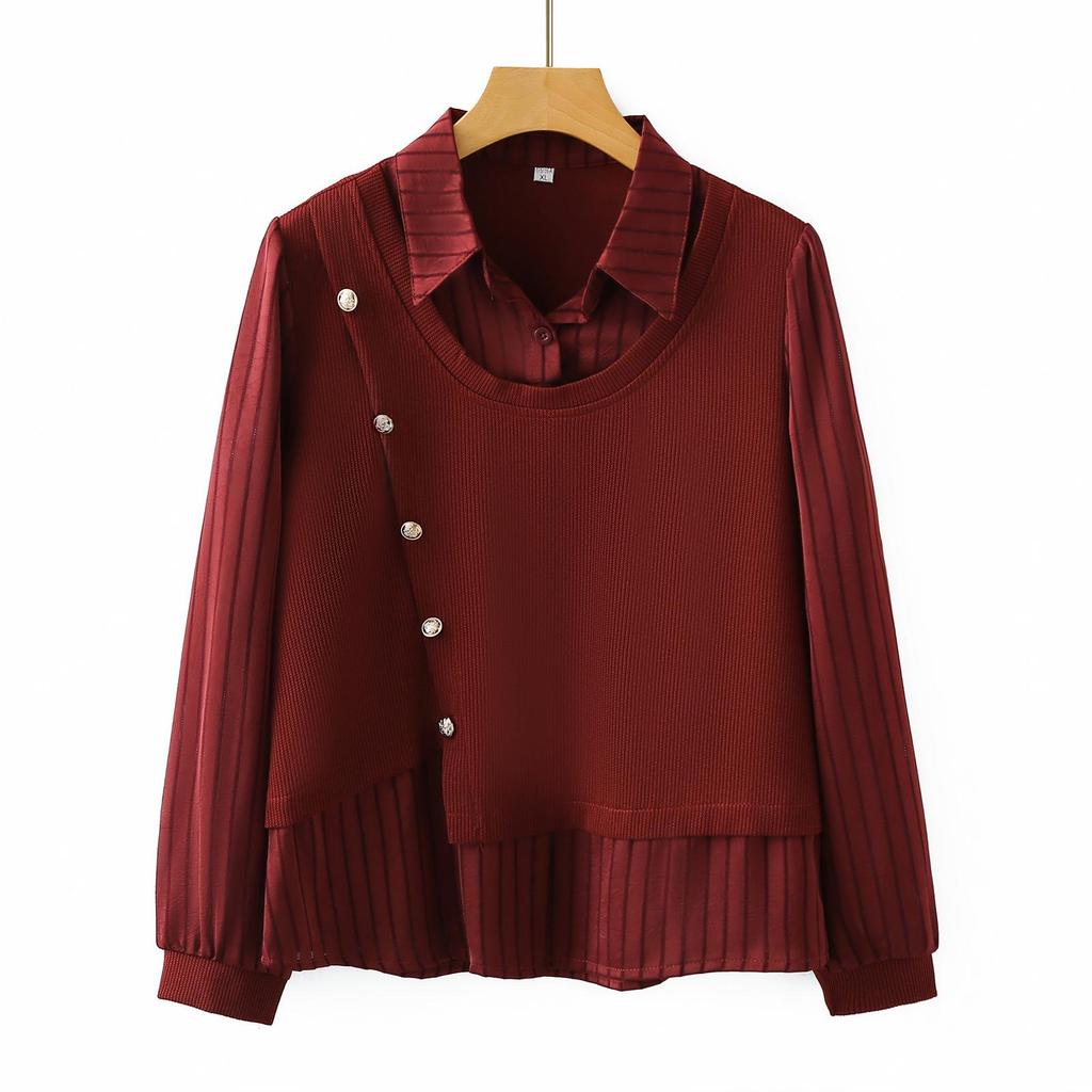 Stylish Knit Top for Middle-Aged and Elderly Women: Slimming, Loose, Faux Two-Piece, Long-Sleeved, Perfect for Spring and Autumn.