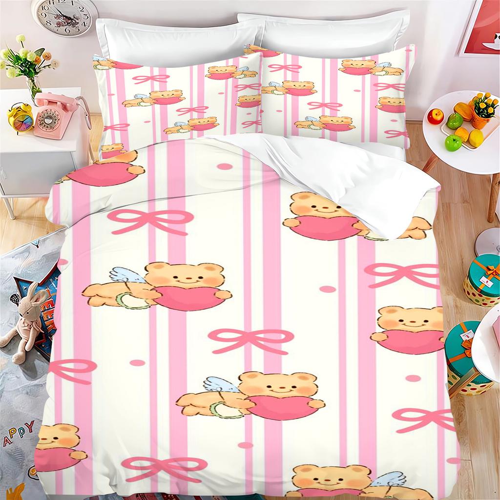 Lovely Bow Carton Anime Soft Duvet Cover Set Kawai Holiday Gifts Comfortable Quilt Covers Pilowcase Set Children Kids Beding Set Decor Quen King-Sized