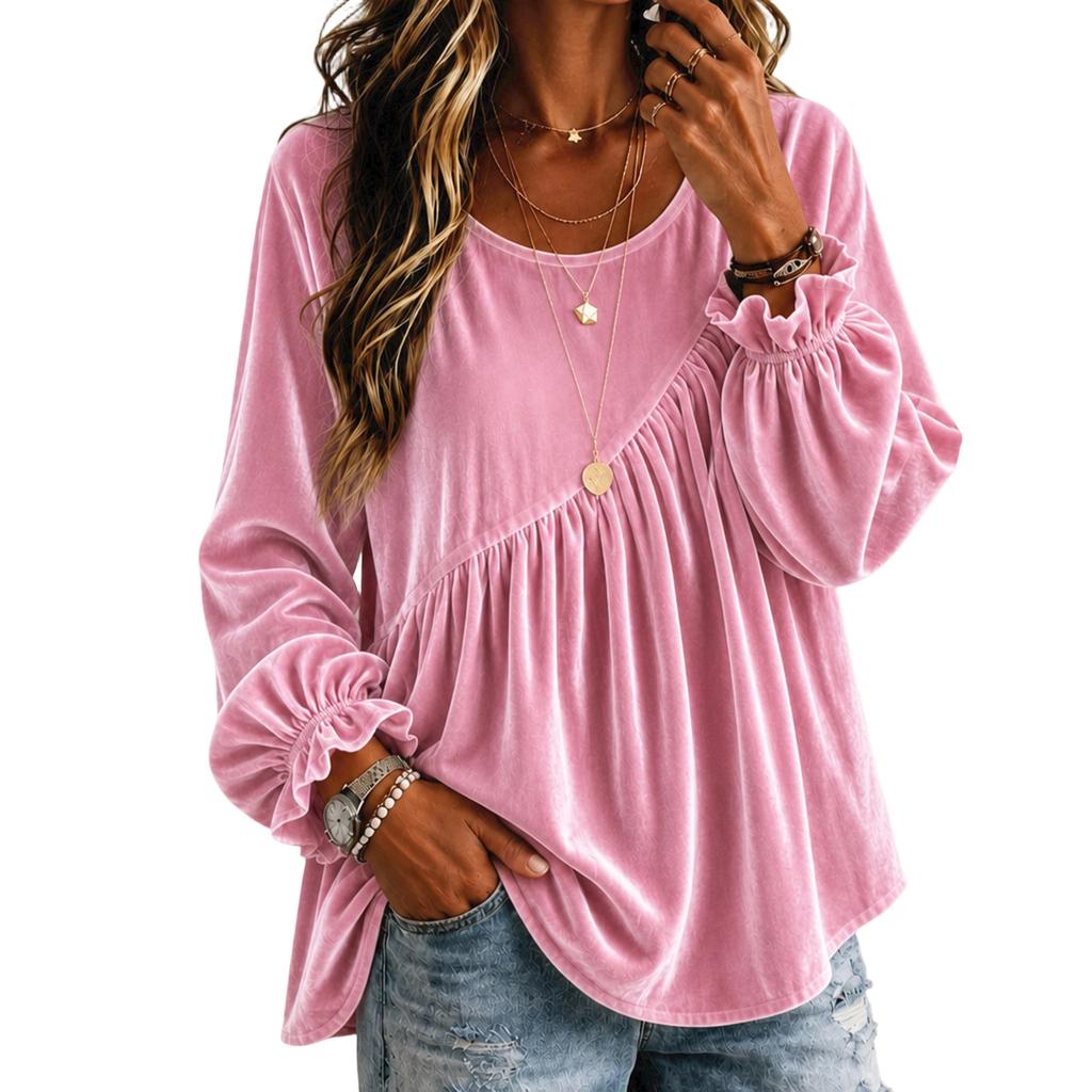 Women's Color Bell Sleeve Top with Round Neck and Long Sleeve
