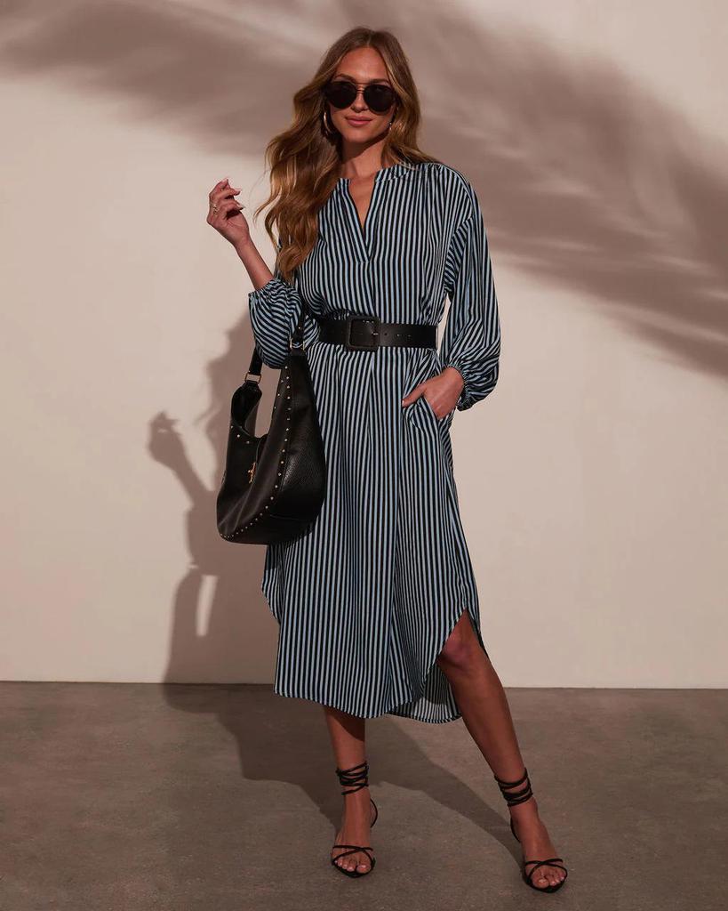 European and American Women's V-Neck Striped Belt Shirt Dress - Autumn 2025 Fashion