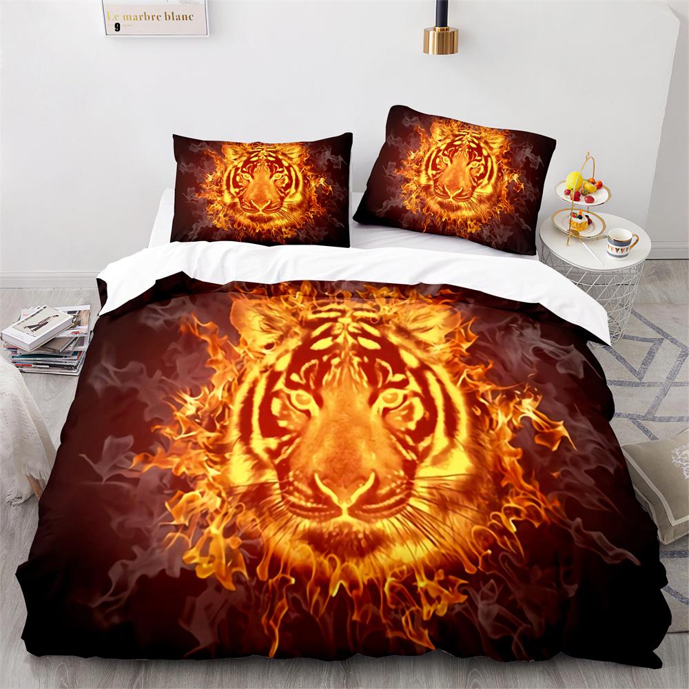 Purple Fire Tiger Duvet Cover Set 3D Print Wild Animals Queen King Size Bedding Set For Kid Boy Teen Comforter Cover With Zipper