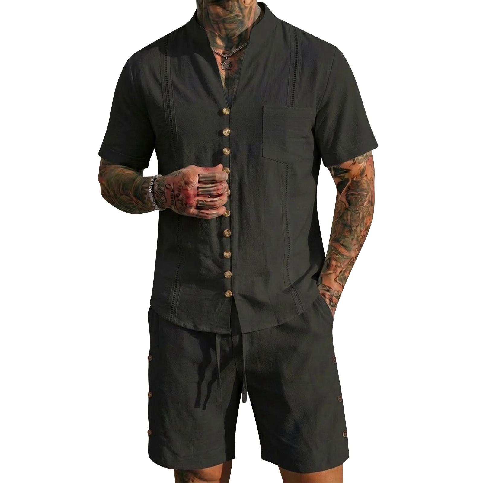 

Men s Casual Lightweight Breathable Short-Sleeve Shirt And Shorts Set L чёрный
