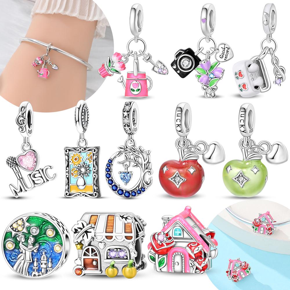 Pink Music Microphone Rose Flower Lucky Apple White Headphones Copper Bead Fit Women Bracelet Diy Valentine'S Gift Jewelry