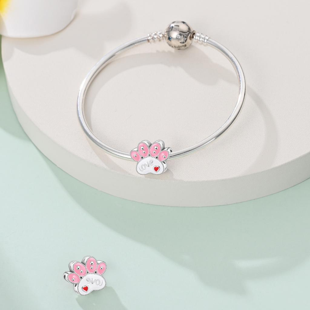 Charms Original Copper Pink Cat Paws Beads Fit Bracelet Diy Fine Gift Women Delicate Jewelry Accessory