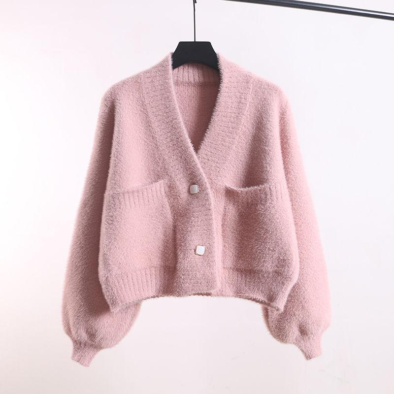 New Autumn and Winter Short V-neck Knitted Cardigan for Women Imitation Mink Loose Thickened Sweater Jacket