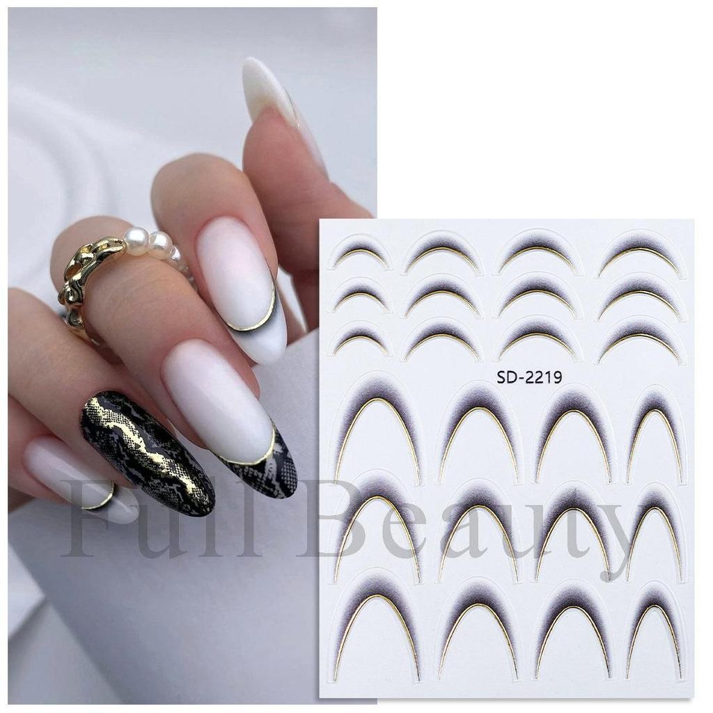 Französische Nagelaufkleber, schwarz-weiße Nagelkunst-Abziehbilder, bunte Schieber, Maniküre-Dekor, Gold- und Silber-Nagelaufkleber