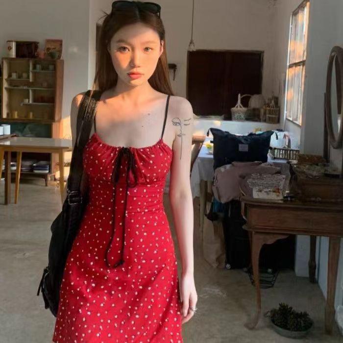 Red Seaside Vacation Wind Floral Suspender Dress Female Summer Spice Girl Waist Thin Straps Short Skirt Tide